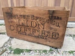 Xl Vintage Wooden Crate Woolson Spice Lion Coffee Toledo Ohio Box 100 Lb. Fixed Price $399.99.