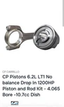Texas Speed LT1 No Balance Cp-carrillo Piston And Rod Kit 4.065 Bore -10.7CC Dis. Fixed Price $3000.00.
